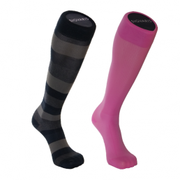 A black stripped compression sock next to a pink compression sock