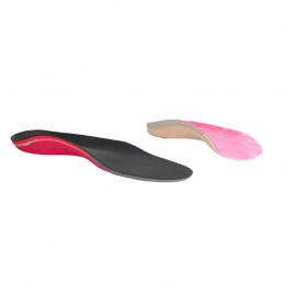 Black and red foot orthosis next to a pink foot orthosis
