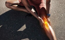 Knee pain, leg and cramp with a woman runner suffering from a sports or exercise accident on concrete. Joint pain, sport performance and medical leg massage of an athlete training for a marathon race